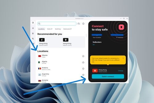 Quick-connect and location list in Surfshark.