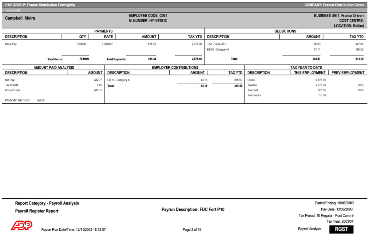 An example of a payroll register entry in ADP.