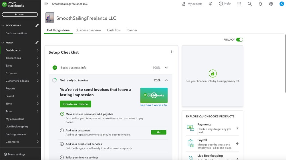 The first time you access your QuickBooks dashboard, you'll see a straightforward setup checklist with clear guidelines, helpful setup videos and step-by-step instructions.