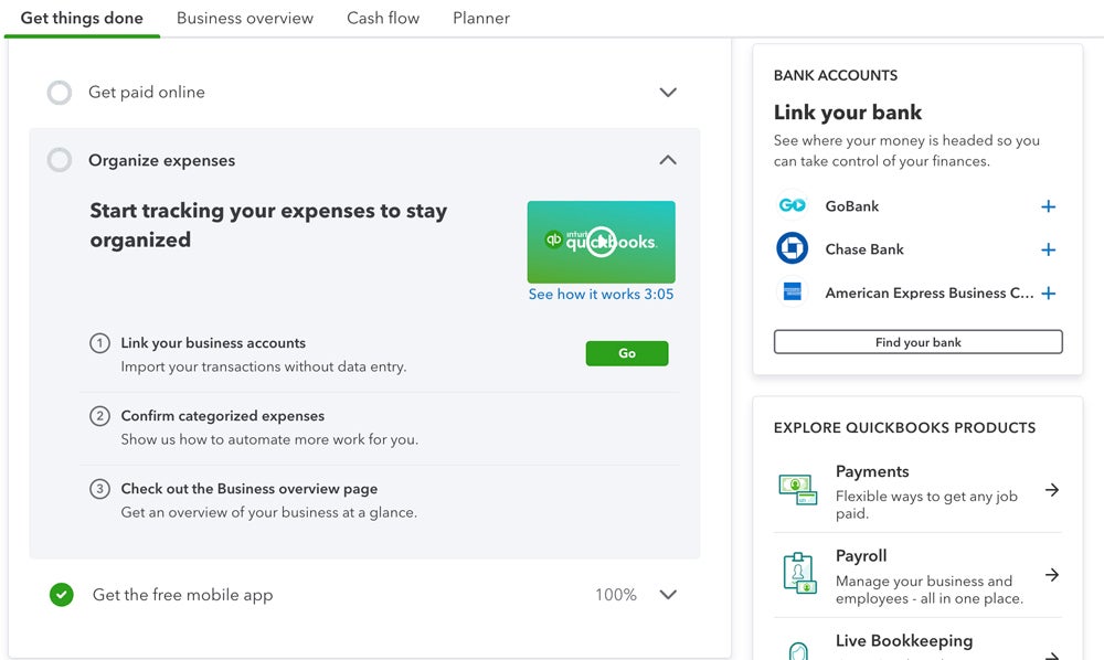 QuickBooks helpfully guides you through each step of the expense tracking process. The built-in video on the right-hand side provides additional context and guidance.