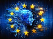 Circuit brain with European Union stars symbolizing legislation.