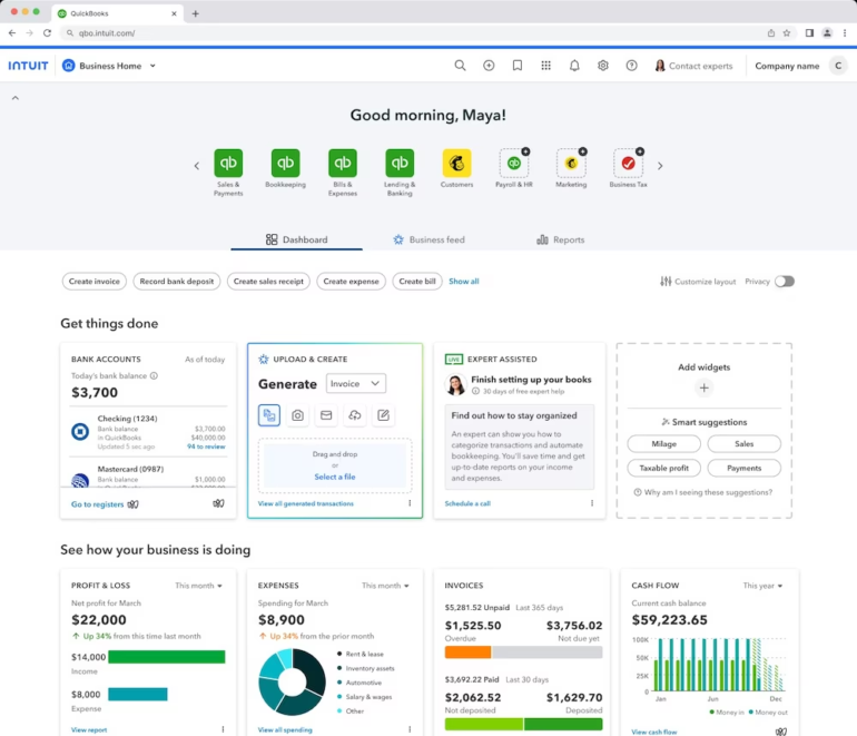 Image showing the new dashboard of QuickBooks Online