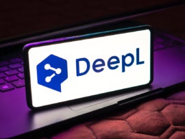 DeepL logo is displayed on a smartphone screen.