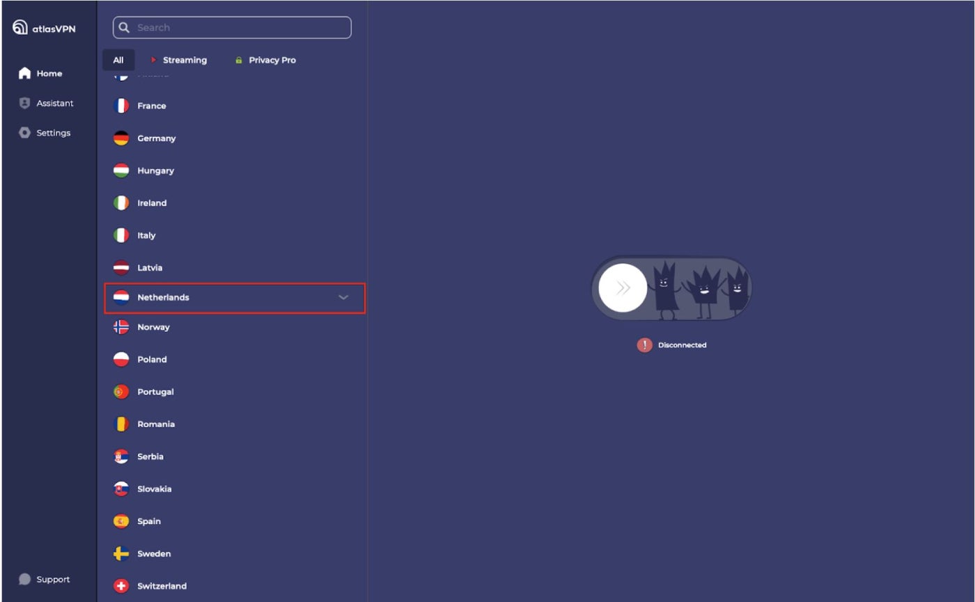 Atlas VPN server locations.