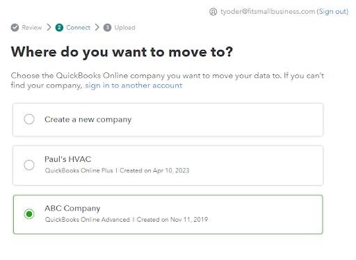 Screenshot showing the selection of ABC Company as the destination company for the QuickBooks Desktop company data.
