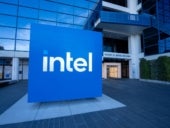 Intel logo outside of the Robert Noyce Building at Intel Corporation's headquarters in Santa Clara, California.