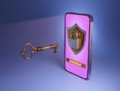 Mobile phone showing a shield, a password input field and a lock which is being opened by a gold key.