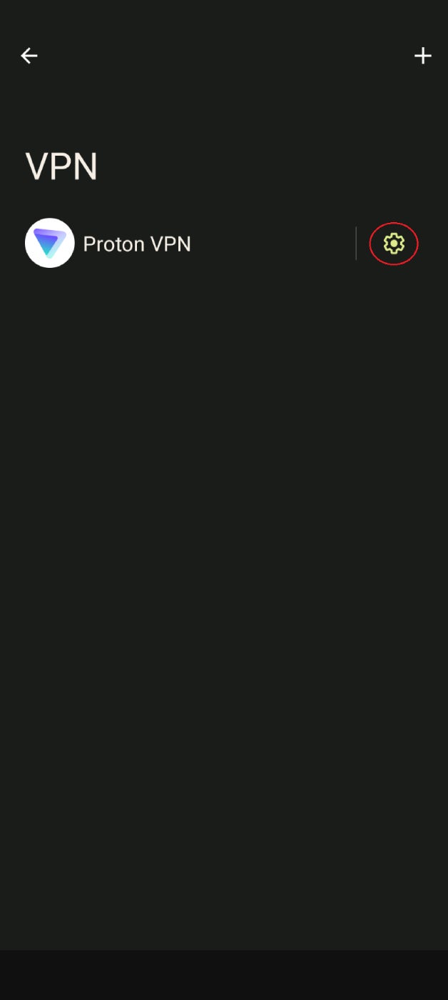 A screenshot of the Android VPN screen with the Settings icon circled.