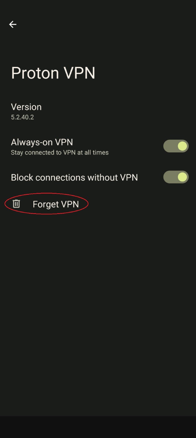 A screenshot of the Android VPN settings screen with the Forget VPN option circled.