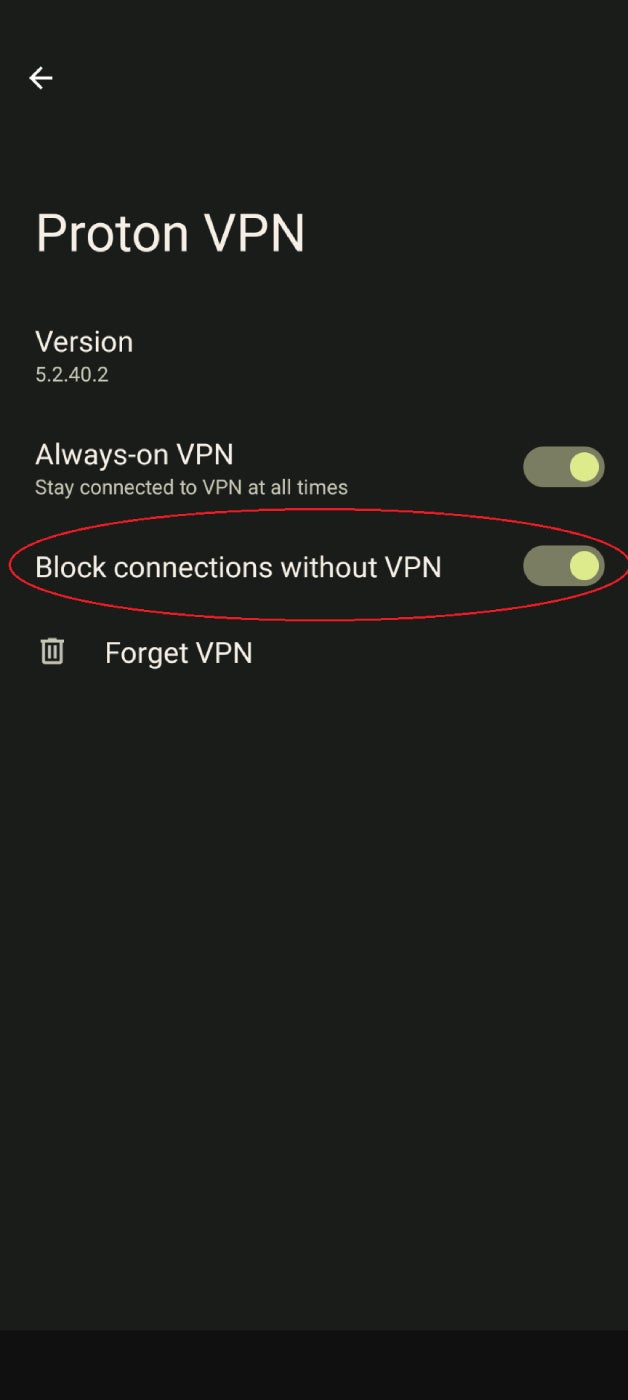 A screenshot of the Android VPN settings screen with the Block connections without a VPN option circled.