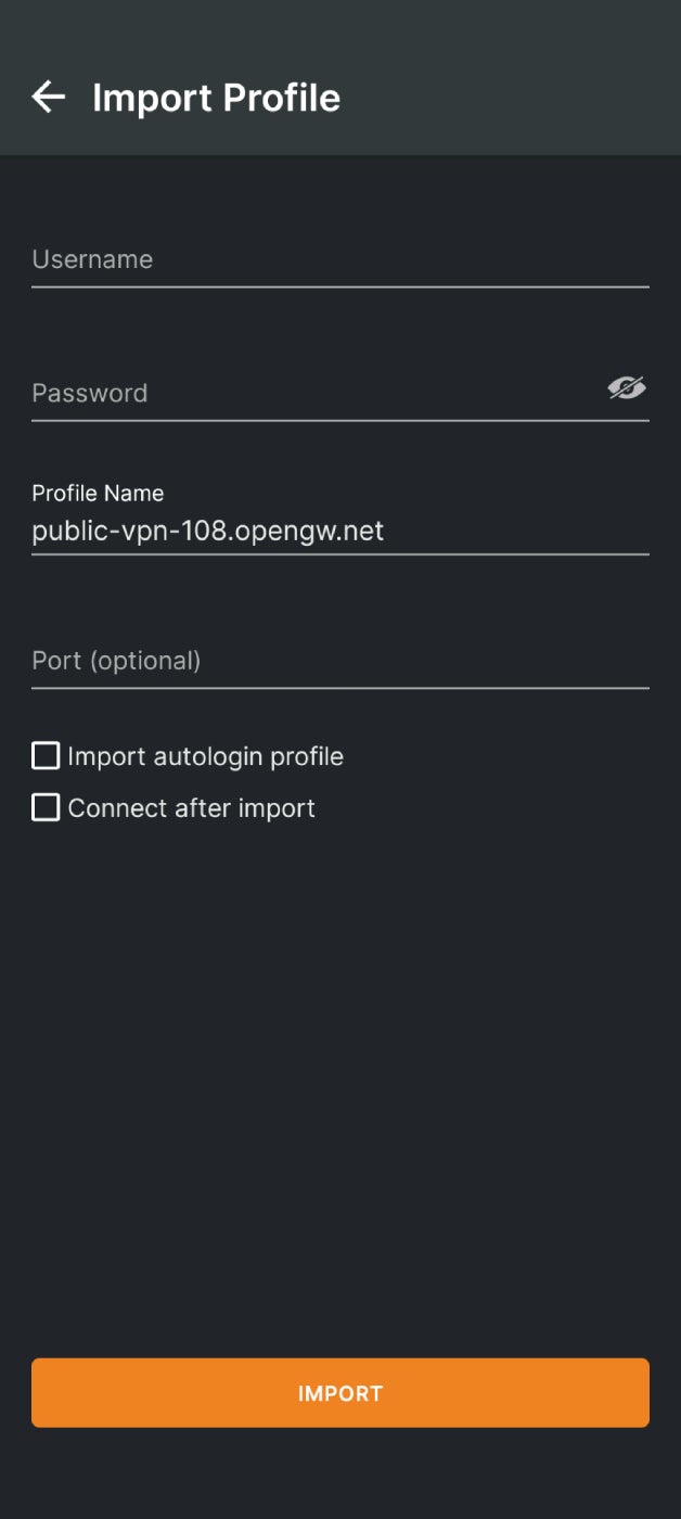 A screenshot of the OpenVPN Connect configuration screen.