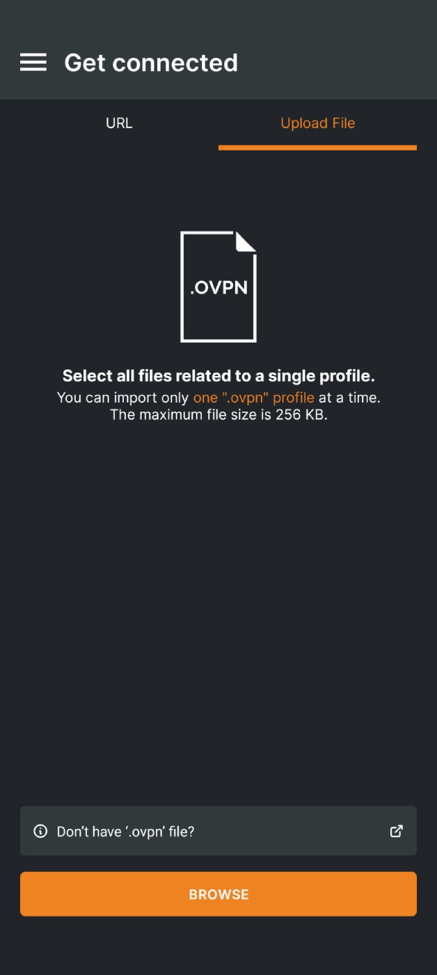 A screenshot of the OpenVPN Connect .ovpn file upload screen.