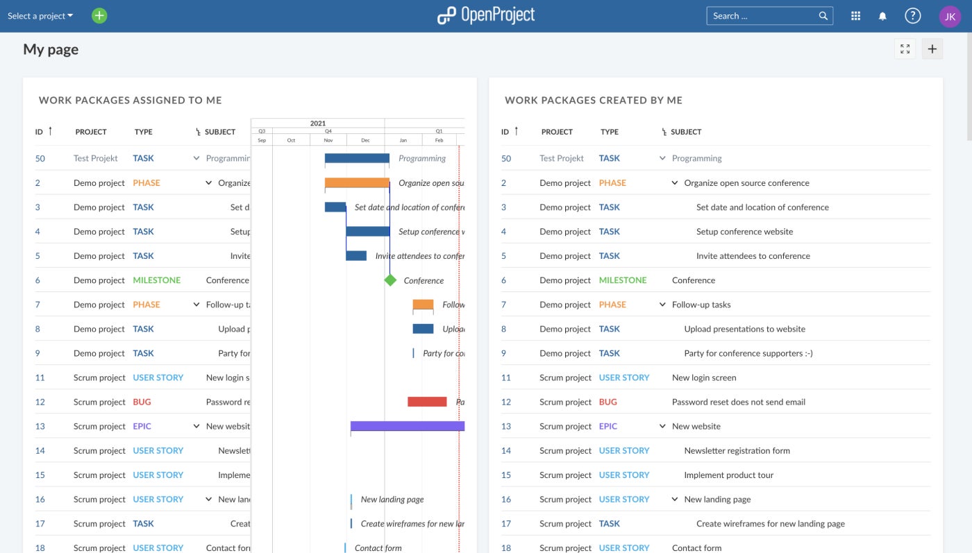 An example of the user landing page in OpenProject.