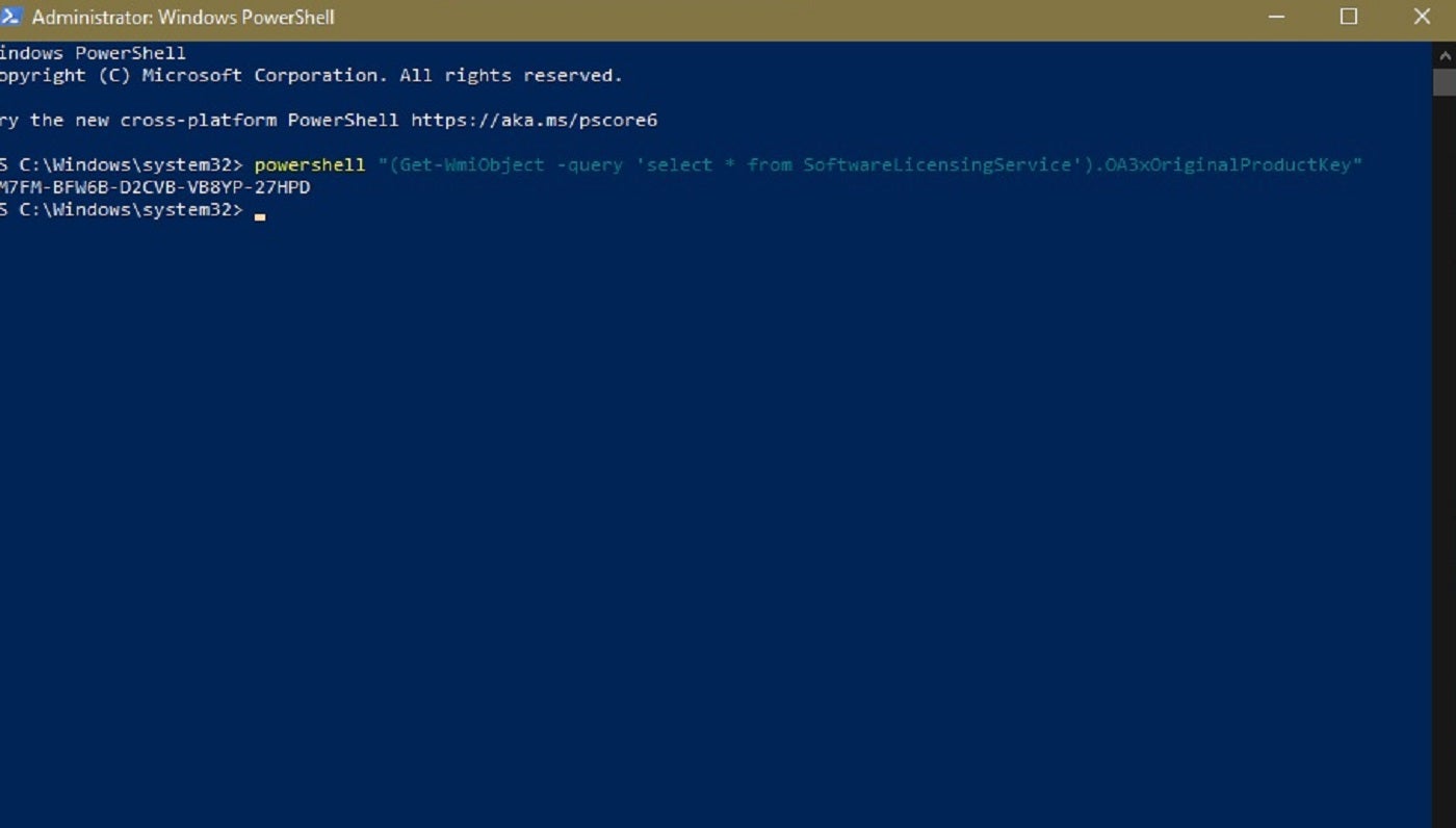 Displaying the Windows 10 product key with PowerShell.