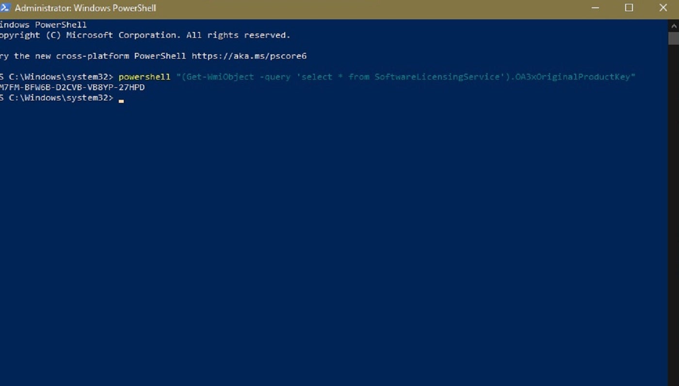 使用 PowerShell 显示 Windows 10 产品密钥。