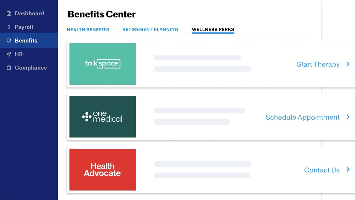 Justworks offers different types of benefits, including access to wellness services.