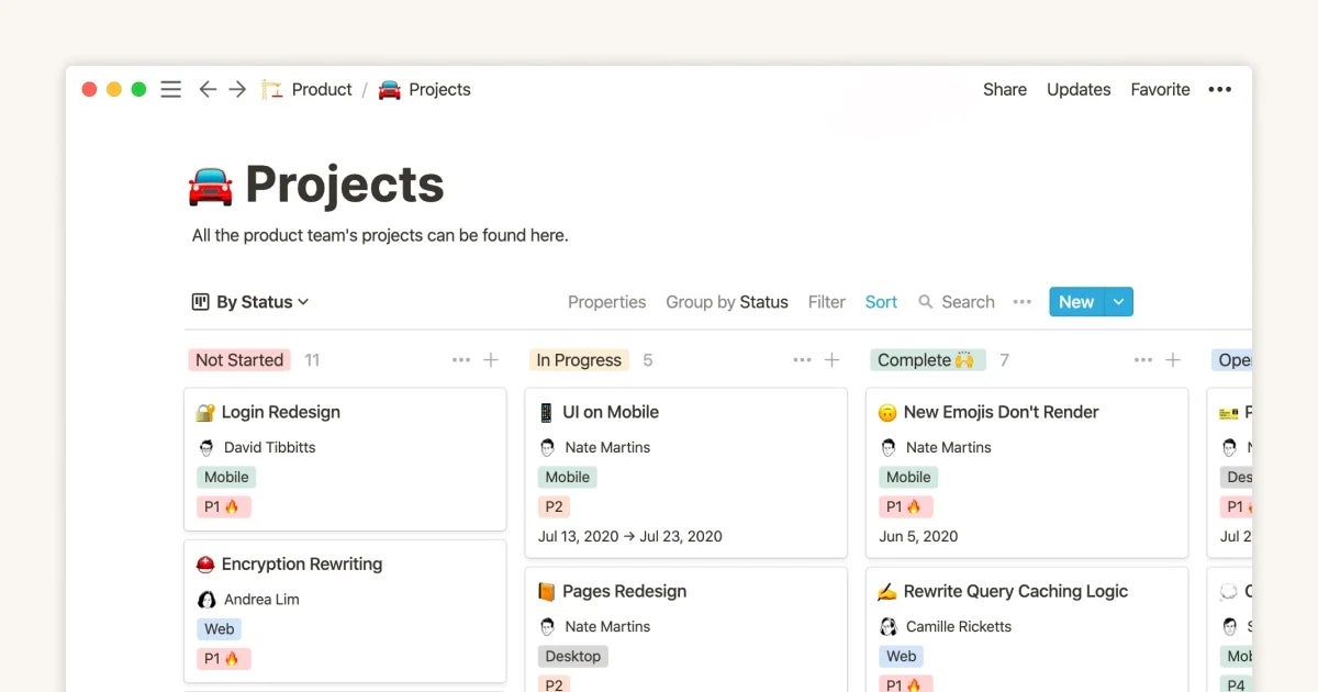 Notion project management features.