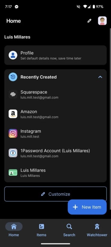 1Password’s Android dashboard.