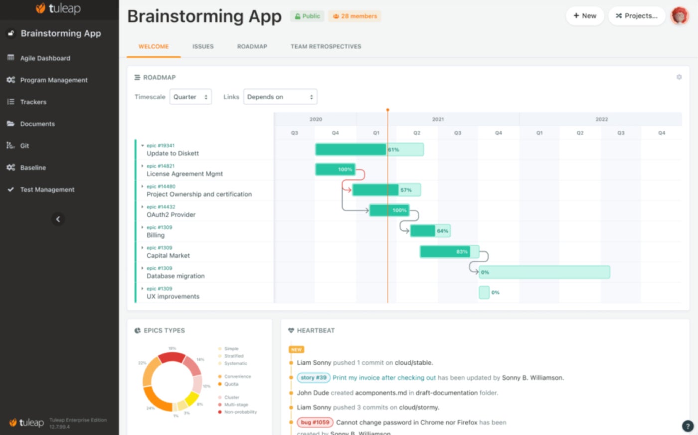 An example of a roadmap in Tuleap.