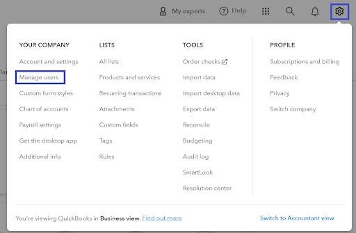 Screenshot showing to click on the cog wheel and then select Manage users in order to navigate to the Manage users screen.