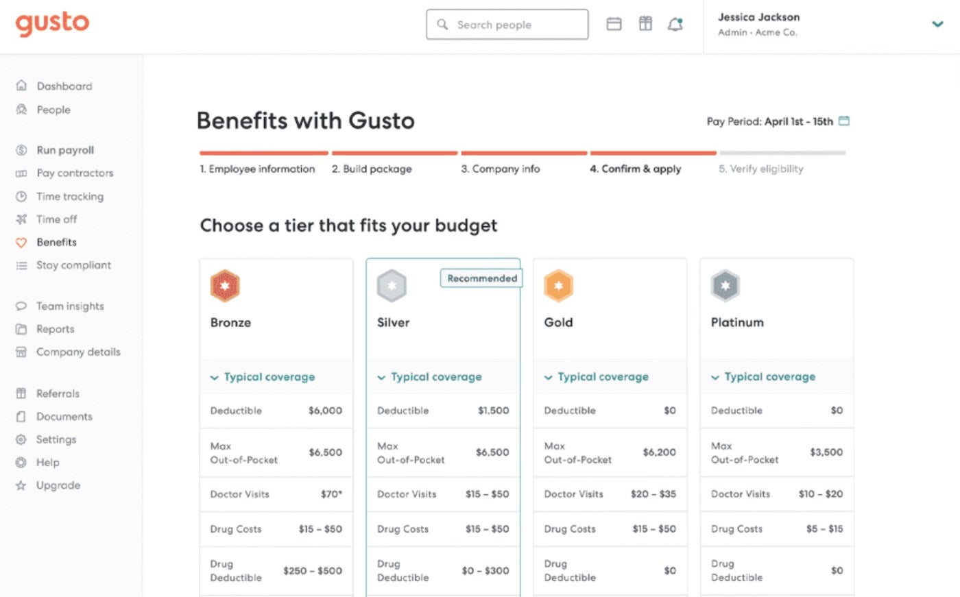 Screenshot of Figure C You can build a custom insurance package in Gusto.