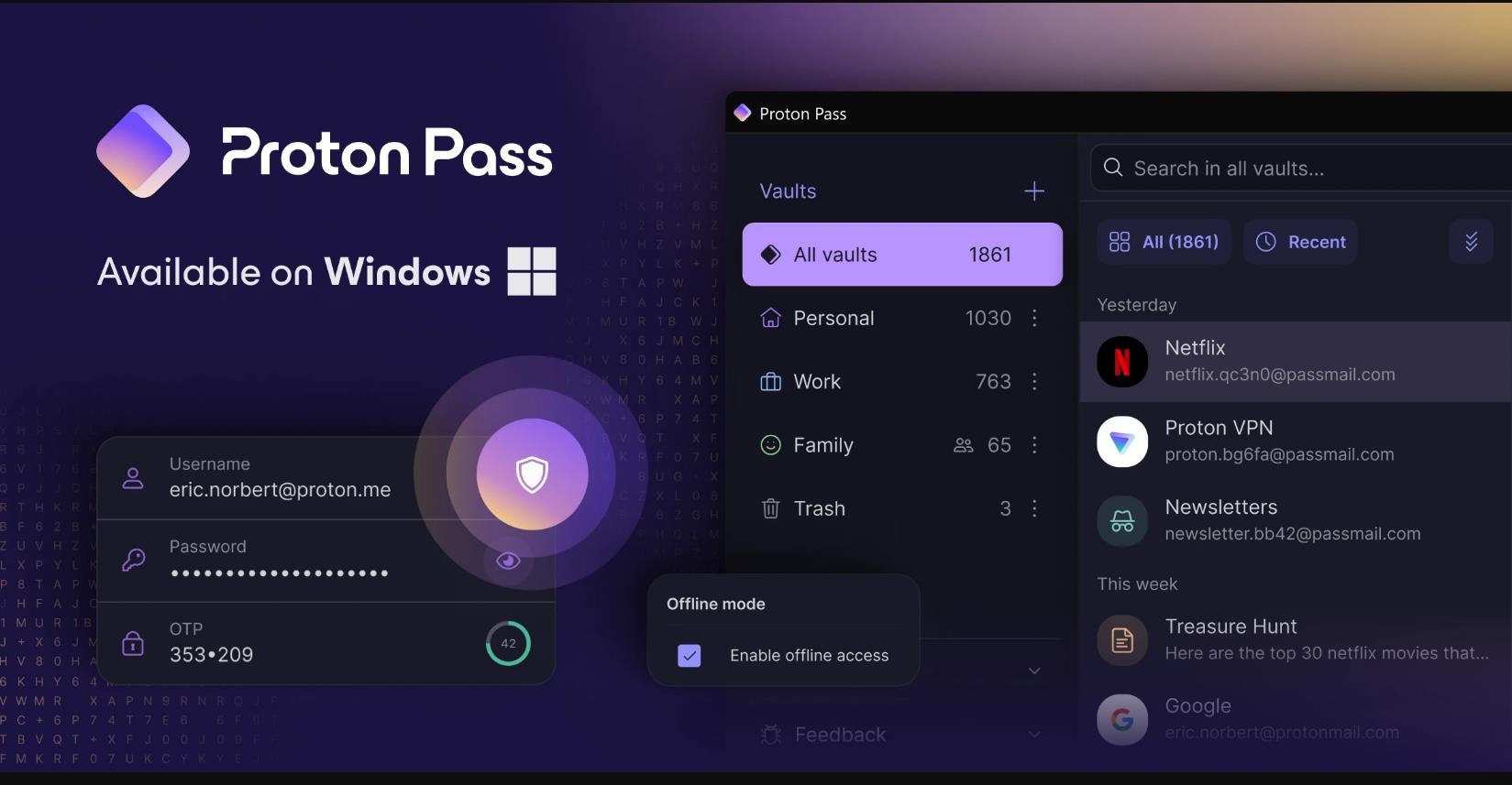 Proton Pass Windows dashboard.
