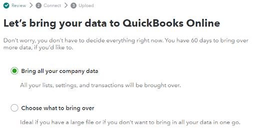 Screenshot showing the user selecting to bring over all company data to the new QuickBooks Online company.