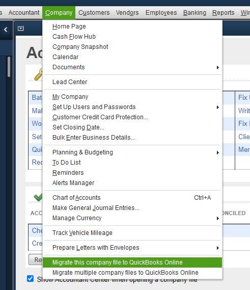 Screenshot showing the selection of Migrate this company file to QuickBooks Online in order to start the migration process for our sample company.