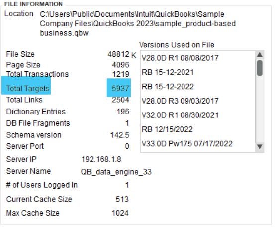 Screenshot of the production information window in QuickBooks Desktop showing total targets of 5,937 for our sample company.