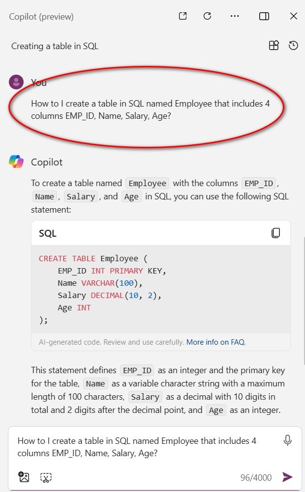 Asking Microsoft Copilot how to create a simple SQL table.