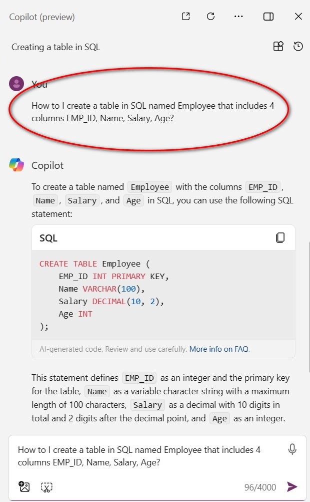 Asking Microsoft Copilot however  to make  a elemental  SQL table.