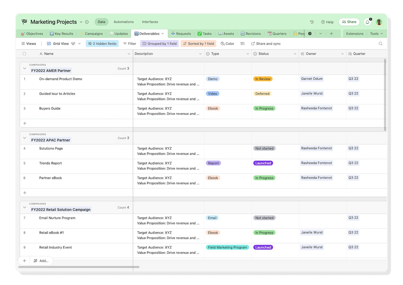 One of the many possible Airtable interfaces: the grouped grid view.