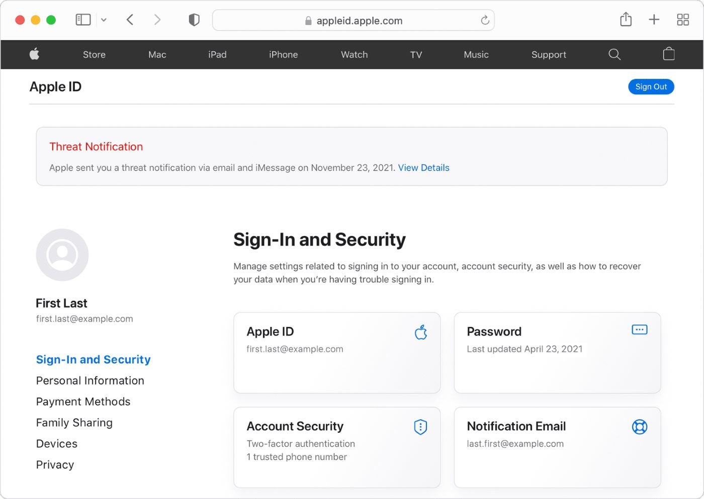 Captura de pantalla de una notificación de amenaza que aparece en el sitio web de ID de Apple. 