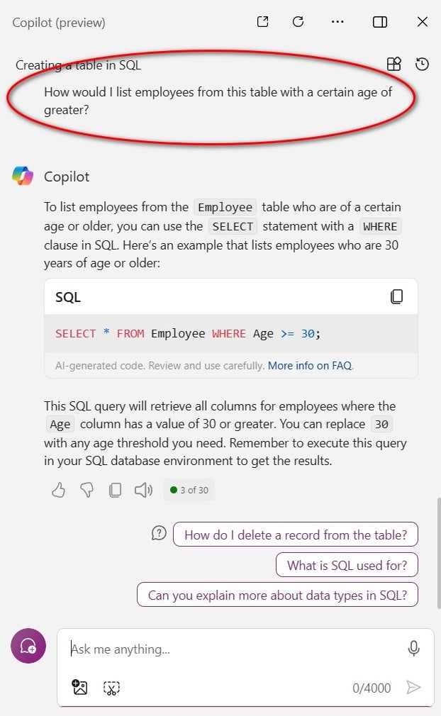 Figure C: Ask Microsoft Copilot to select records from an SQL table.  Image: Mark W. Kaelin