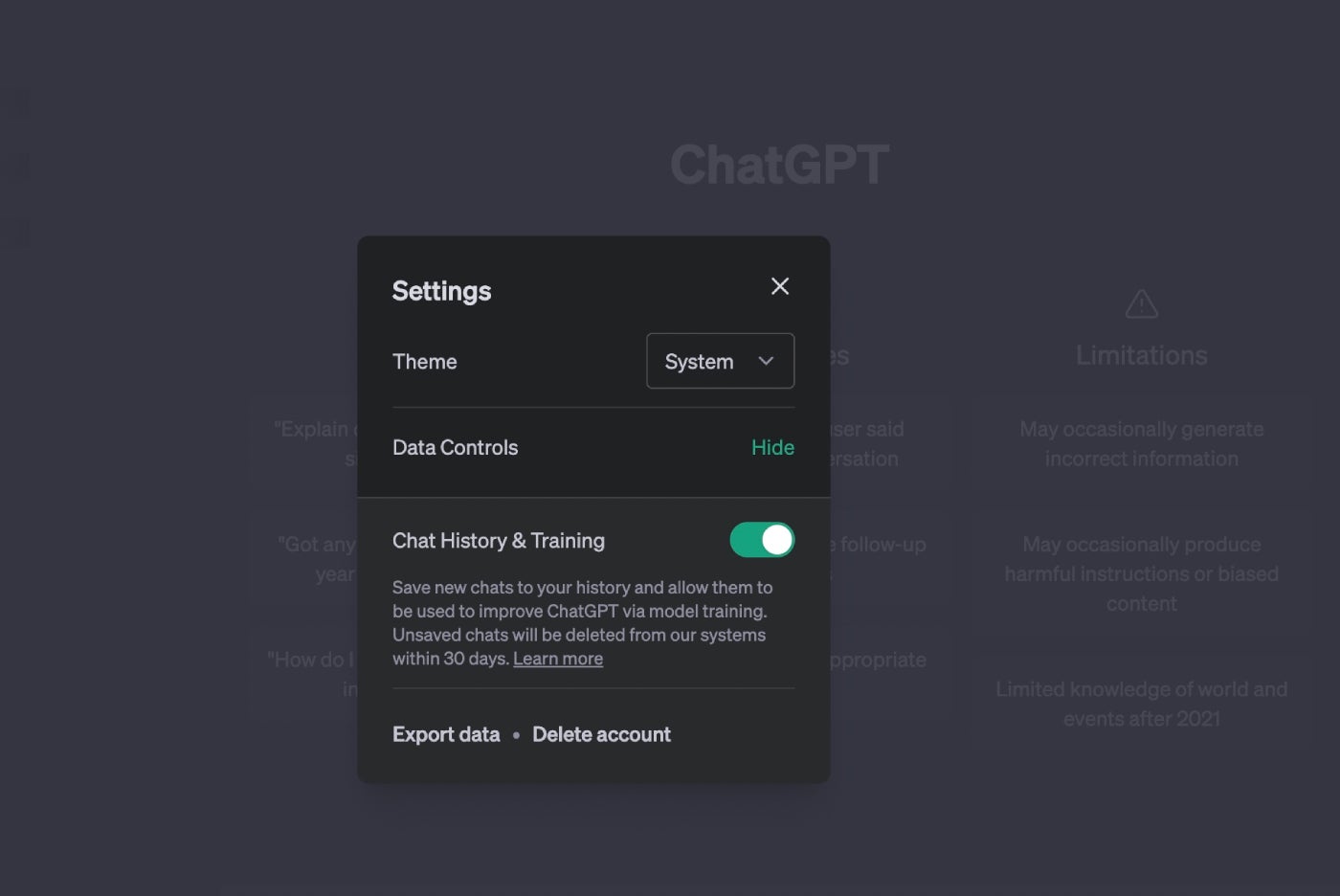 OpenAI added the Chat History & Training setting to ChatGPT in April.