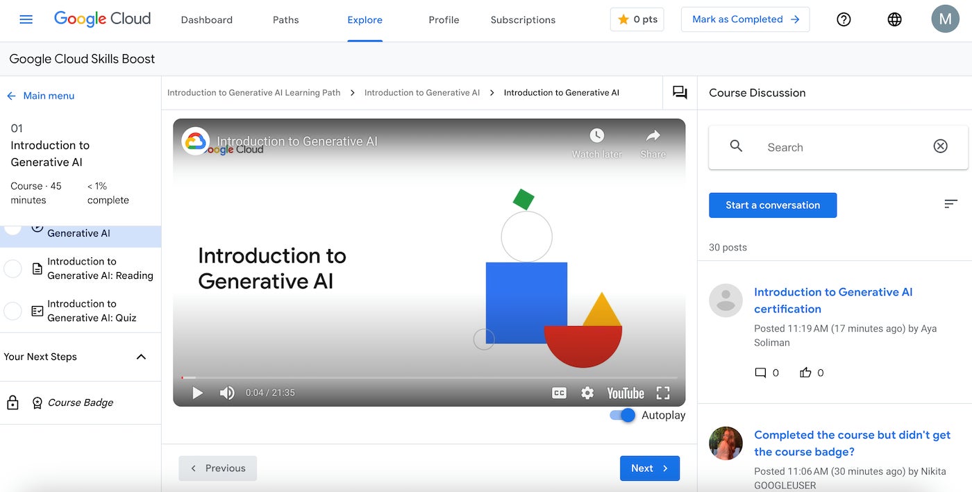 Google Cloud Skills Boost hosts this Introduction to Generative AI course.