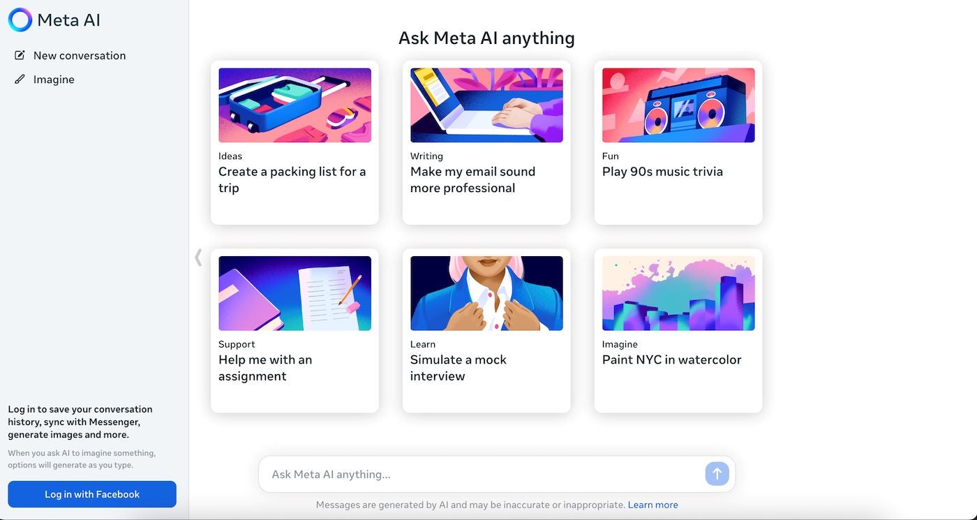 The Meta AI start page on a browser offers options for what to ask Llama 3 to do.
