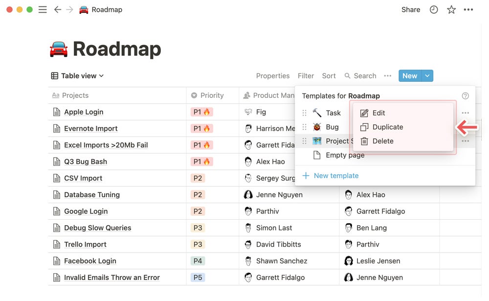 Notion’s database table view.