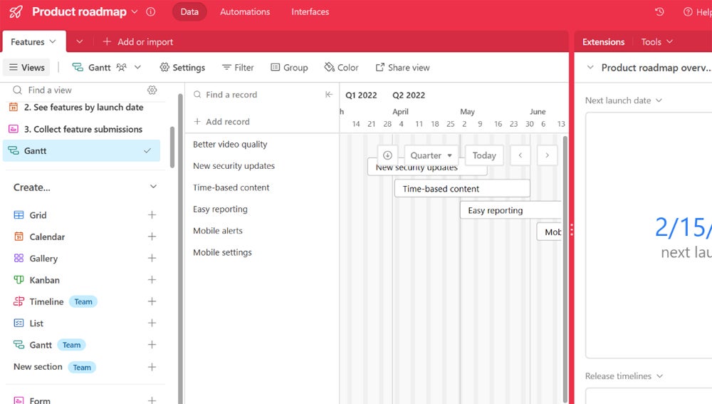 Gantt chart view in Airtable.