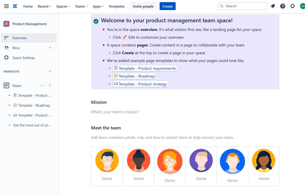Product management team space in Confluence.