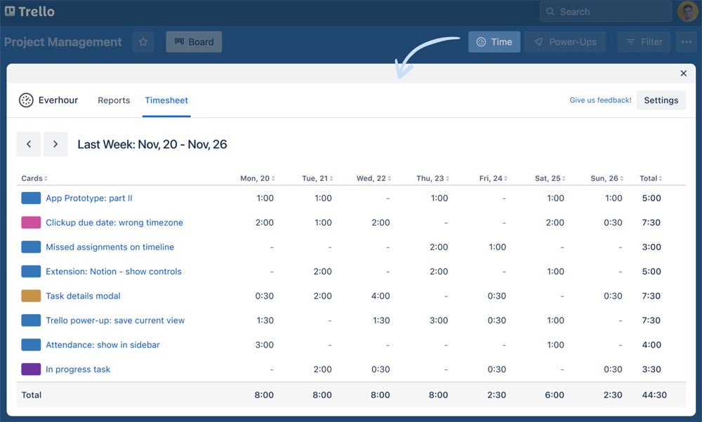 The Everhour paid time tracking power-up in Trello.