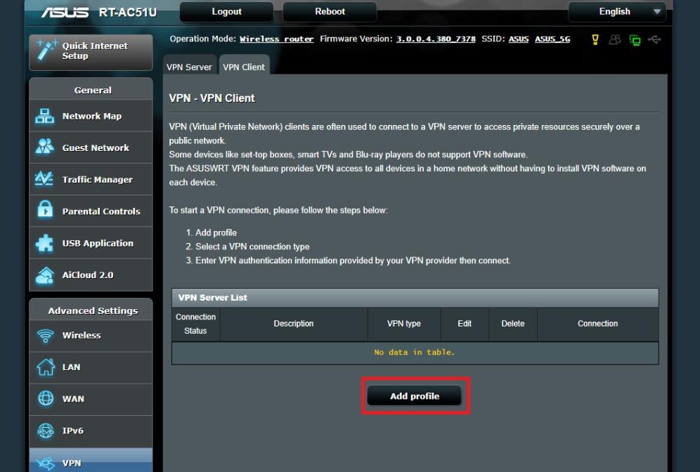 Add VPN profile on Asus router.