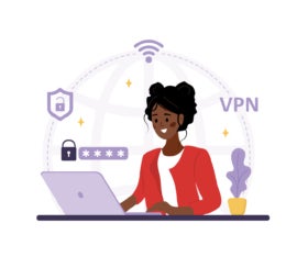 Woman using VPN app for protect personal data.