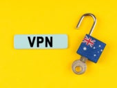 On the yellow surface is an open lock with Australian flag with a key and a sticker with the inscription - VPN.