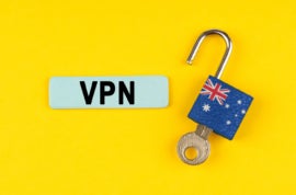 On the yellow surface is an open lock with Australian flag with a key and a sticker with the inscription - VPN.