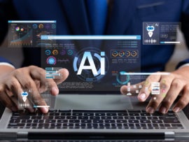 Businessman uses artificial intelligence AI technology for enhanced work efficiency data analysis and efficient tools.