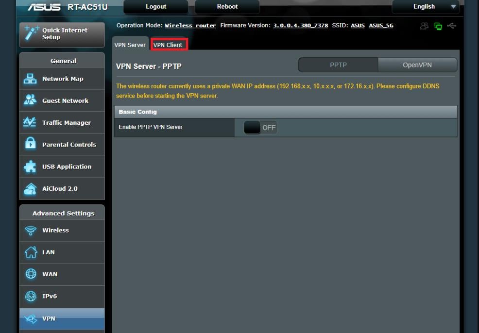 Asus router VPN client page.