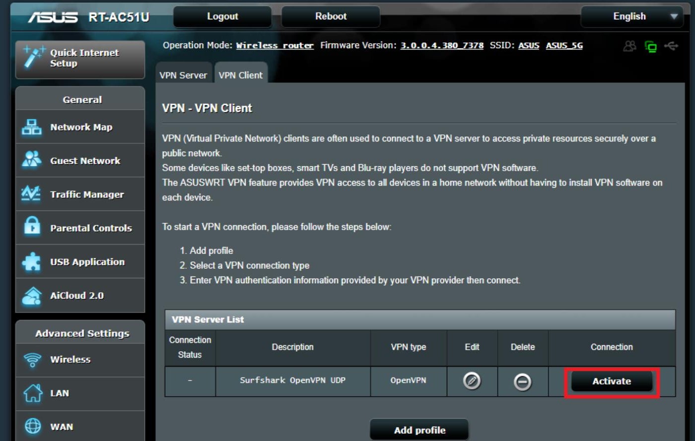 Asus router dashboard showing VPN client activation button.