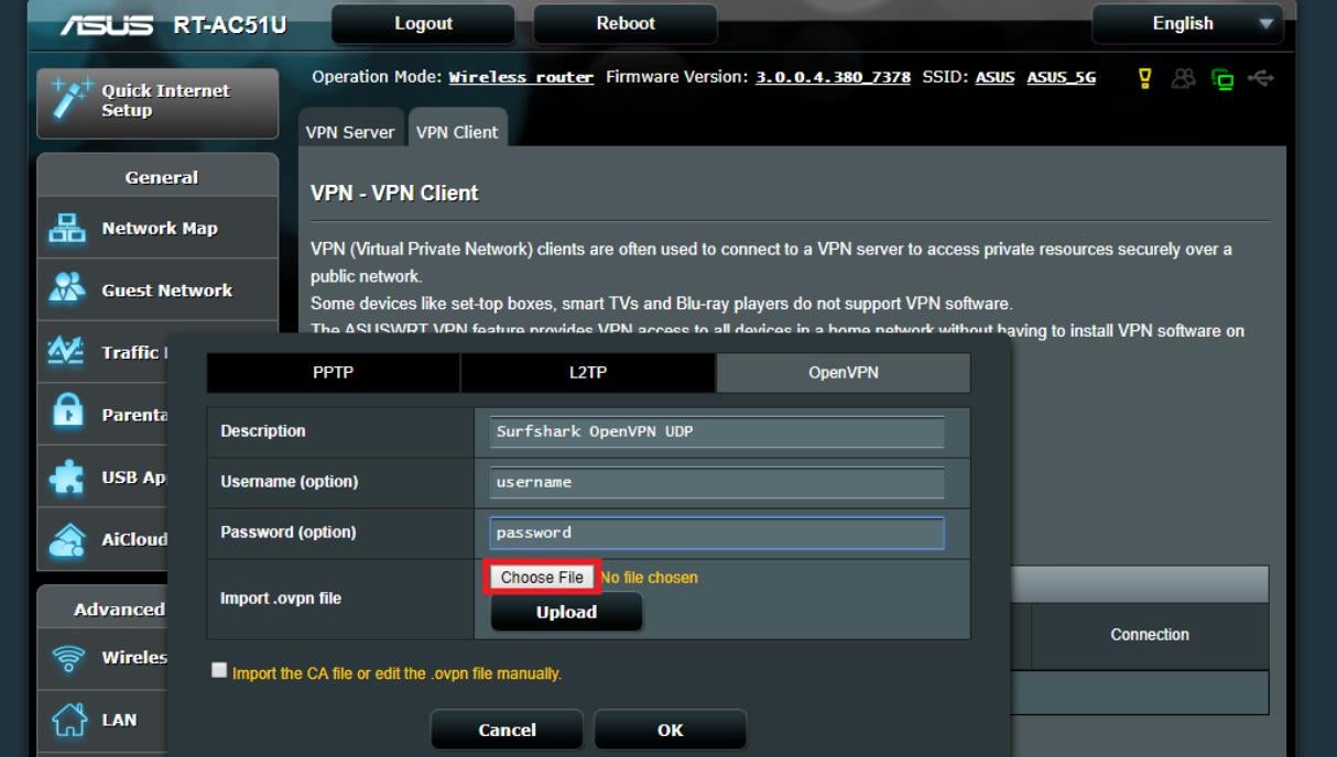 Choose the OpenVPN file on the Asus router.