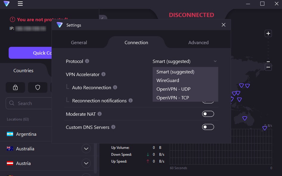 A screenshot of the Proton VPN Smart Protocol configuration screen.
